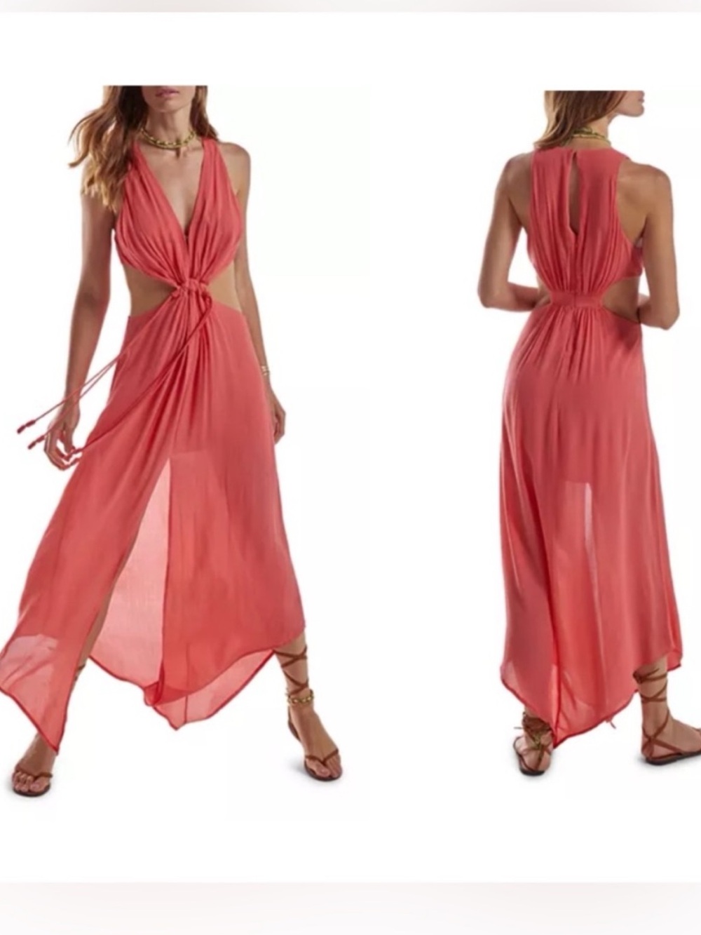 Vix Paula Hermanny Nayara Asymmetric Cut-Out Maxi Dress Red Coral Size Medium